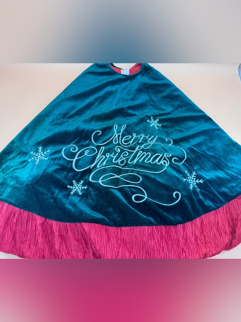 Merry Christmas Tree Embroidered Skirt Velvet Red Green White Crepe Band 46”
